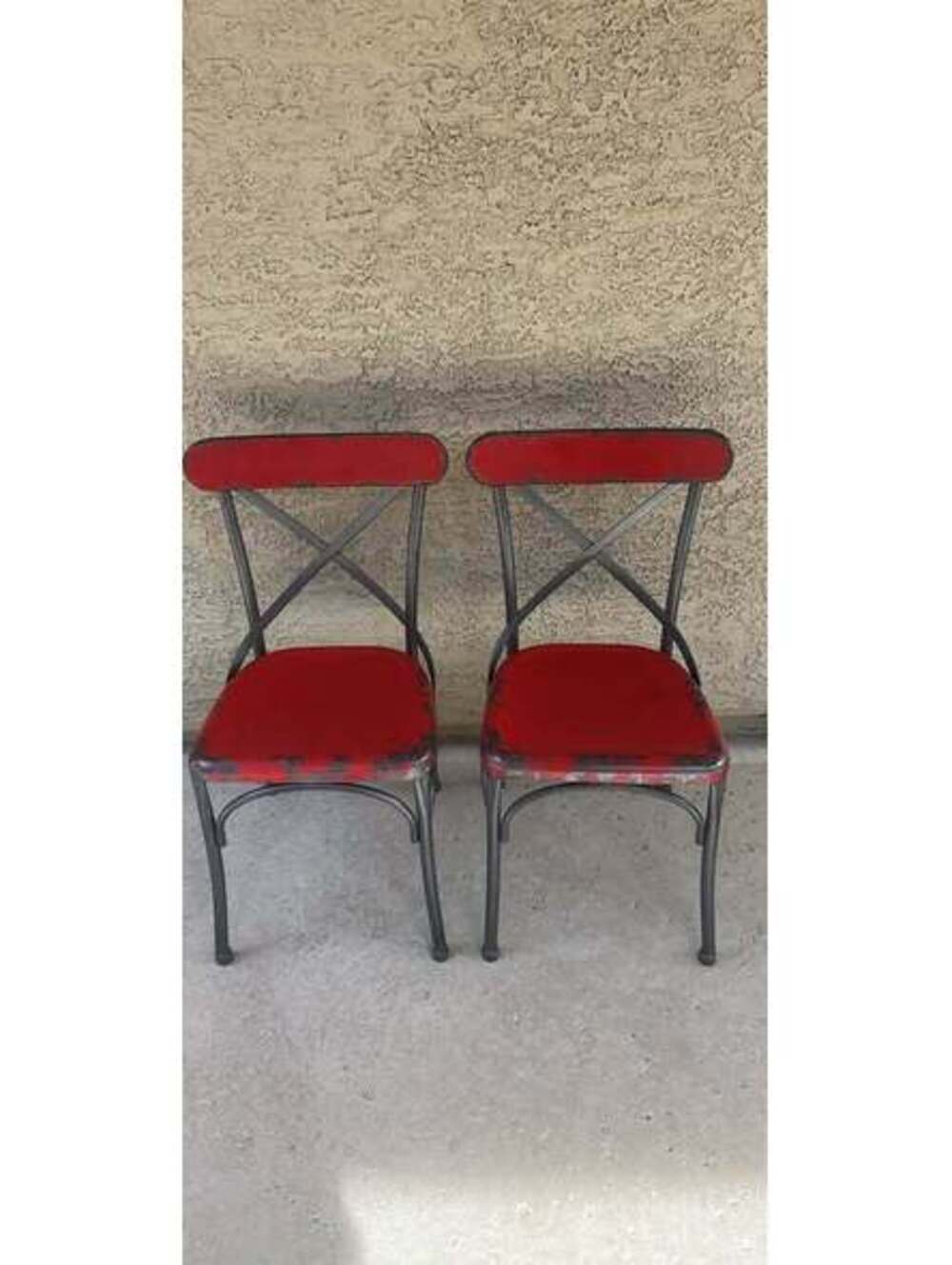 Pair of industrial Style Red and Gunmetal Cross-Back Kids Chairs